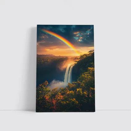 Tropical Waterfall Rainbow Sunset Forest Landscape
