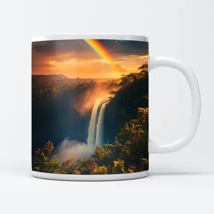 Tropical Waterfall Rainbow Sunset Forest Landscape