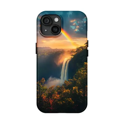 Tropical Waterfall Rainbow Sunset Forest Landscape