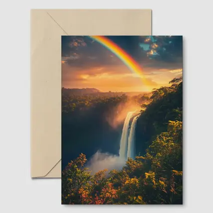 Tropical Waterfall Rainbow Sunset Forest Landscape
