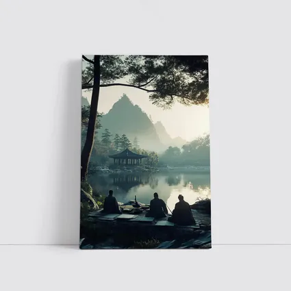 Scholars Resting by Misty Mountain Lake