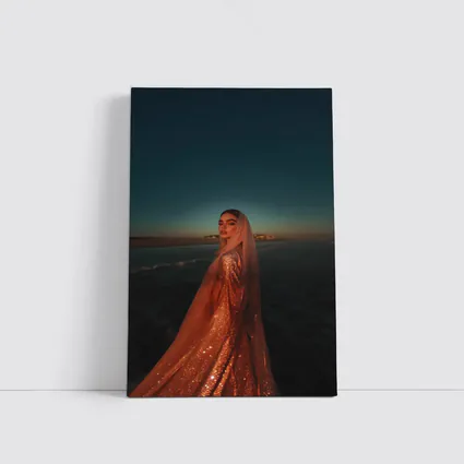 Woman Glittering Gown Ocean Sunset Shore