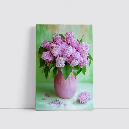 Pink Lilacs In Vase Green Background