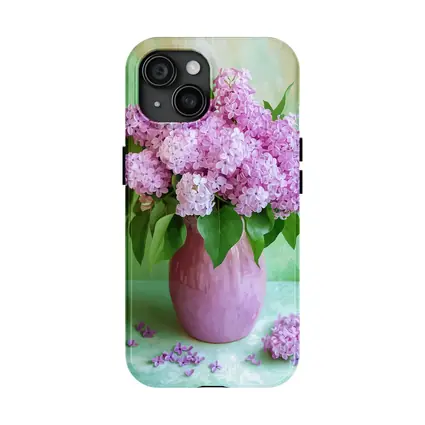 Pink Lilacs In Vase Green Background