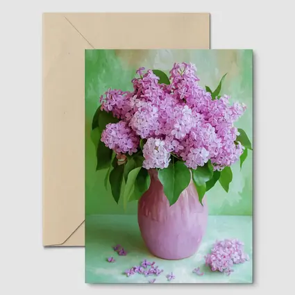 Pink Lilacs In Vase Green Background