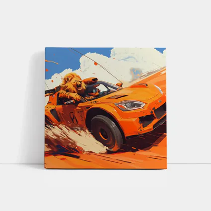 Lion Driving Orange Sports Car Racing
