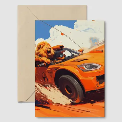Lion Driving Orange Sports Car Racing