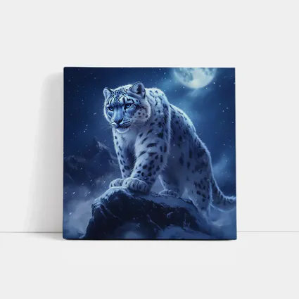 Snow Leopard On Rock Moonlit Night