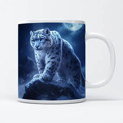 Snow Leopard On Rock Moonlit Night