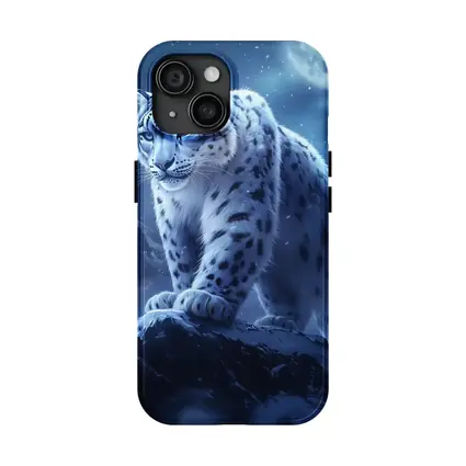 Snow Leopard On Rock Moonlit Night