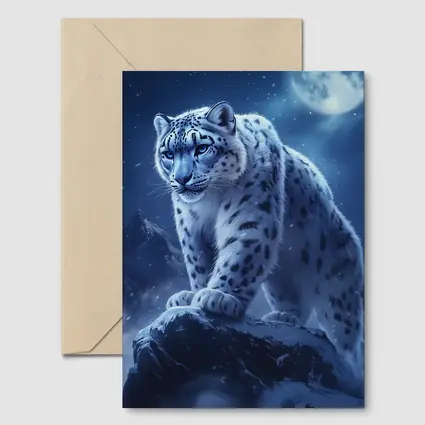 Snow Leopard On Rock Moonlit Night