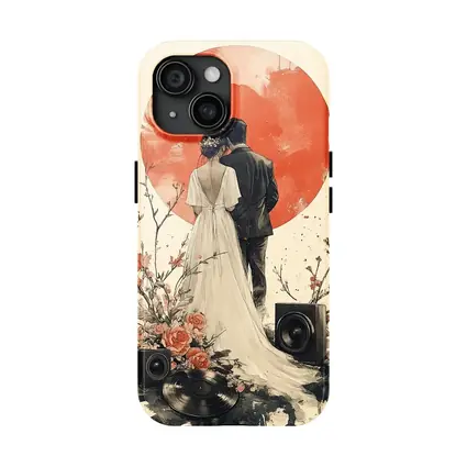 Wedding Couple Cherry Blossoms Red Circle Art