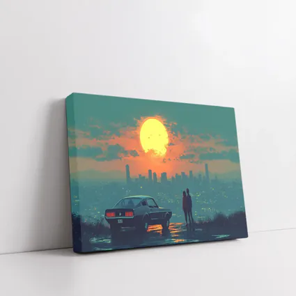 Ford Mustang Couple City Sunset Retro Art