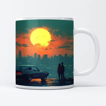 Ford Mustang Couple City Sunset Retro Art