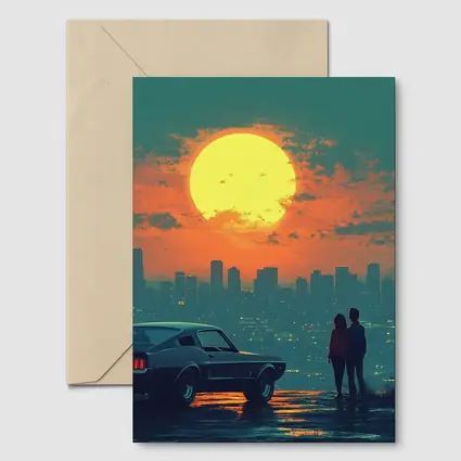 Ford Mustang Couple City Sunset Retro Art
