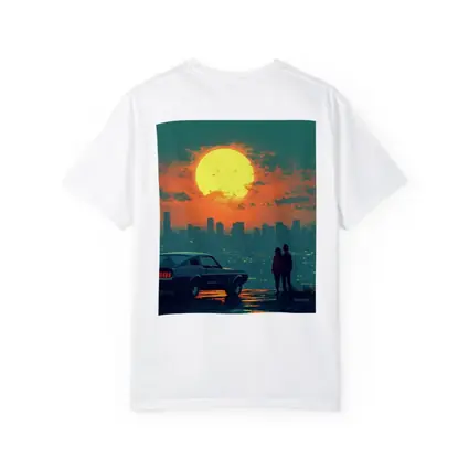 Ford Mustang Couple City Sunset Retro Art