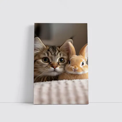 Tabby Cat And Rabbit On White Blanket