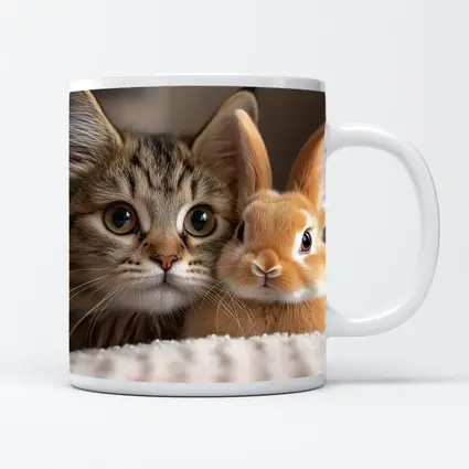 Tabby Cat And Rabbit On White Blanket