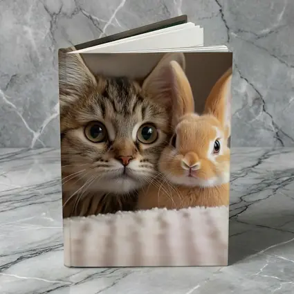 Tabby Cat And Rabbit On White Blanket