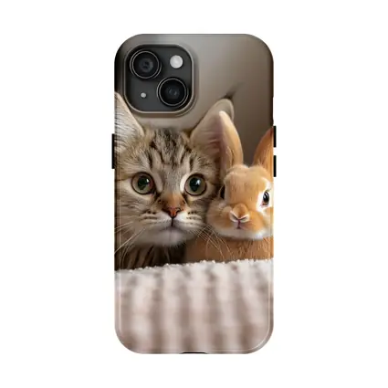 Tabby Cat And Rabbit On White Blanket