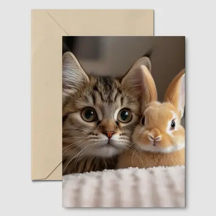 Tabby Cat And Rabbit On White Blanket