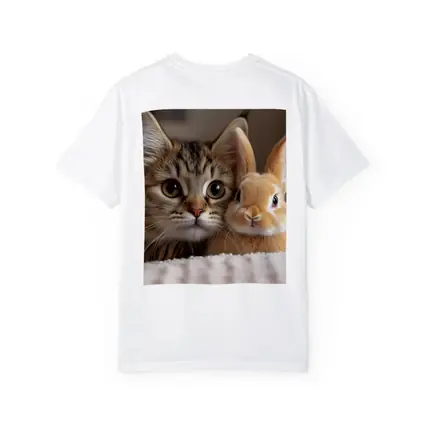 Tabby Cat And Rabbit On White Blanket