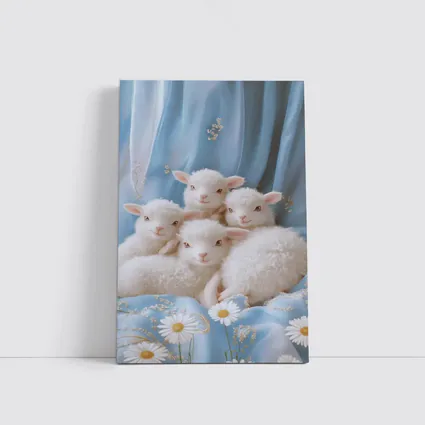 Fluffy White Lambs Blue Floral Background