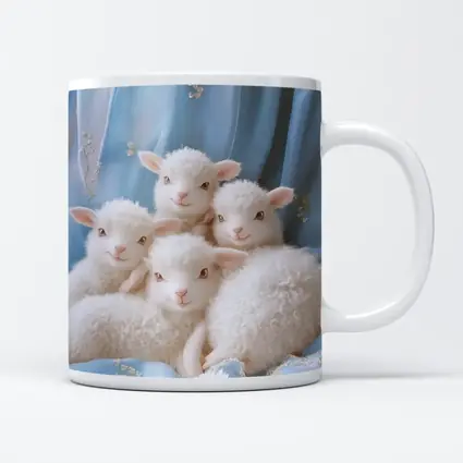 Fluffy White Lambs Blue Floral Background