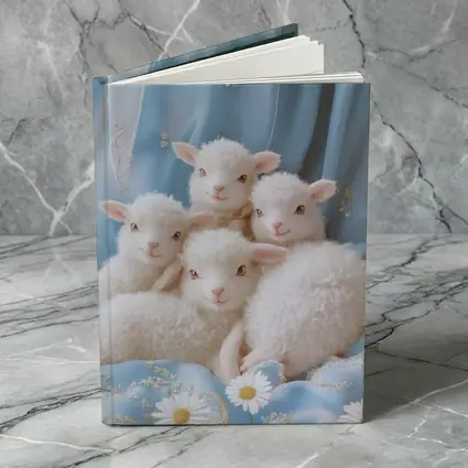 Fluffy White Lambs Blue Floral Background
