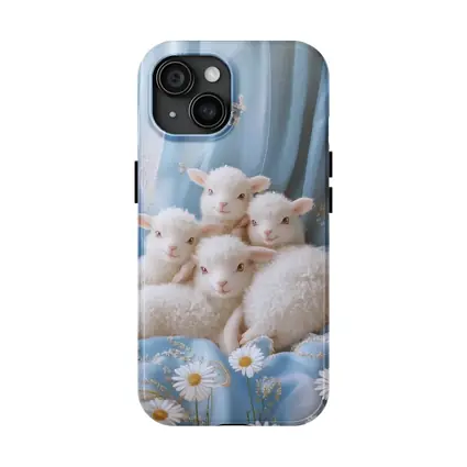 Fluffy White Lambs Blue Floral Background