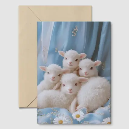 Fluffy White Lambs Blue Floral Background