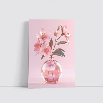 Pink Cherry Blossoms Glass Vase Pink Background