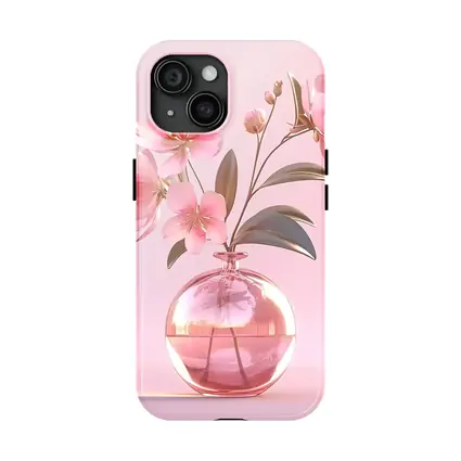 Pink Cherry Blossoms Glass Vase Pink Background