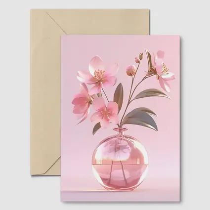 Pink Cherry Blossoms Glass Vase Pink Background