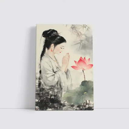 Chinese Woman Praying With Lotus Watercolor Art