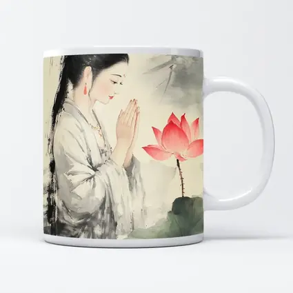 Chinese Woman Praying With Lotus Watercolor Art