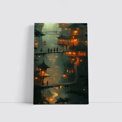 Fantasy Asian Village Glowing Bridges Night