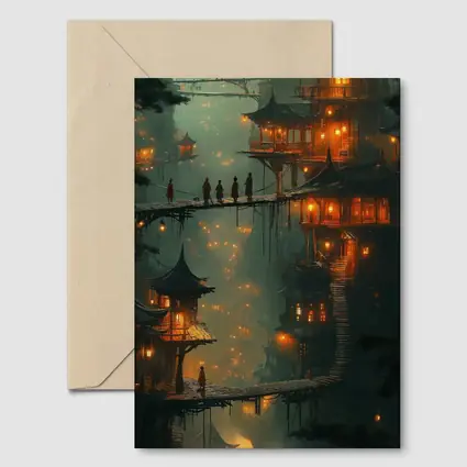 Fantasy Asian Village Glowing Bridges Night