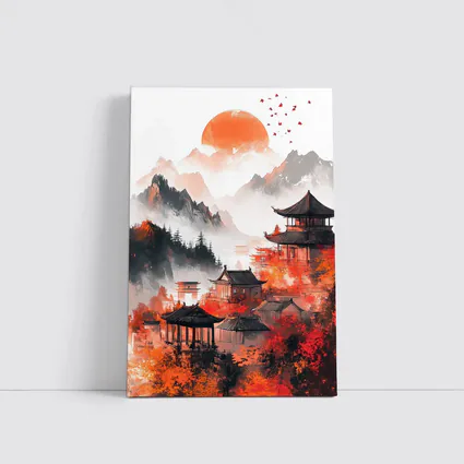 Japanese Pagoda Red Misty Mountain Ink Art