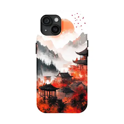 Japanese Pagoda Red Misty Mountain Ink Art