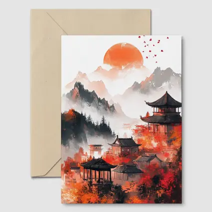 Japanese Pagoda Red Misty Mountain Ink Art