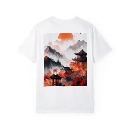 Japanese Pagoda Red Misty Mountain Ink Art