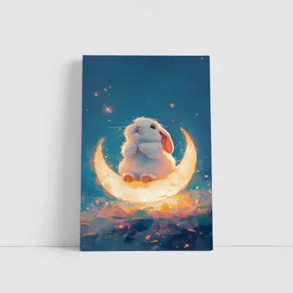 White Bunny Sitting on Glowing Crescent Moon