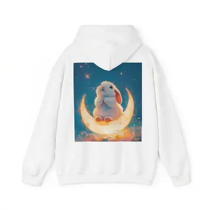 White Bunny Sitting on Glowing Crescent Moon