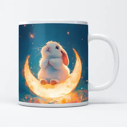 White Bunny Sitting on Glowing Crescent Moon