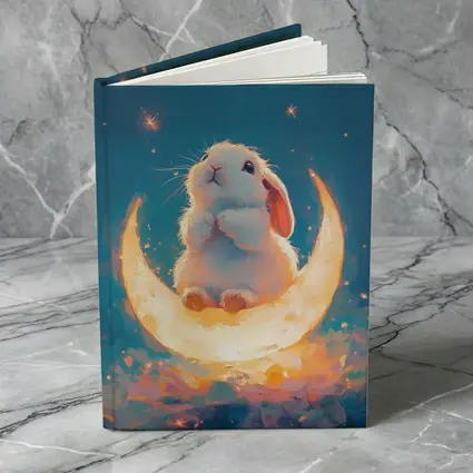 White Bunny Sitting on Glowing Crescent Moon