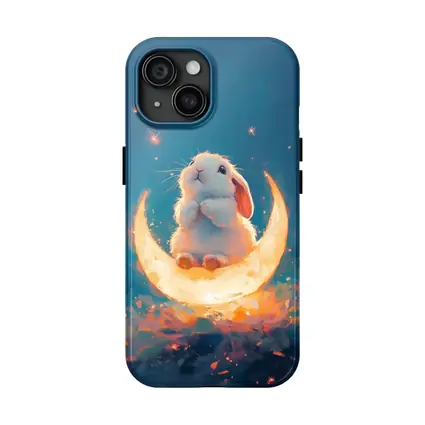 White Bunny Sitting on Glowing Crescent Moon