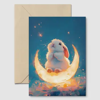 White Bunny Sitting on Glowing Crescent Moon