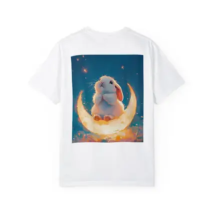 White Bunny Sitting on Glowing Crescent Moon