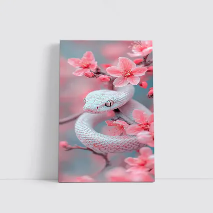 White Snake Coiled Among Pink Cherry Blossoms